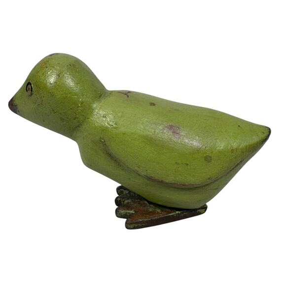 Vintage Rustic Hand Carved Wooden Bird Figurine Green Hand Painted Decor - Picture 5 of 8